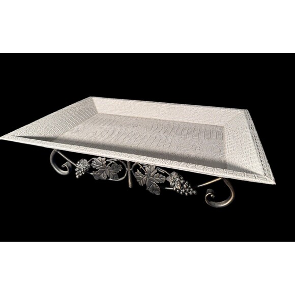 2 pc White & Silver Grapes Oval Serving Tray Set Rack Holiday Decor 20”x14” - Picture 1 of 10